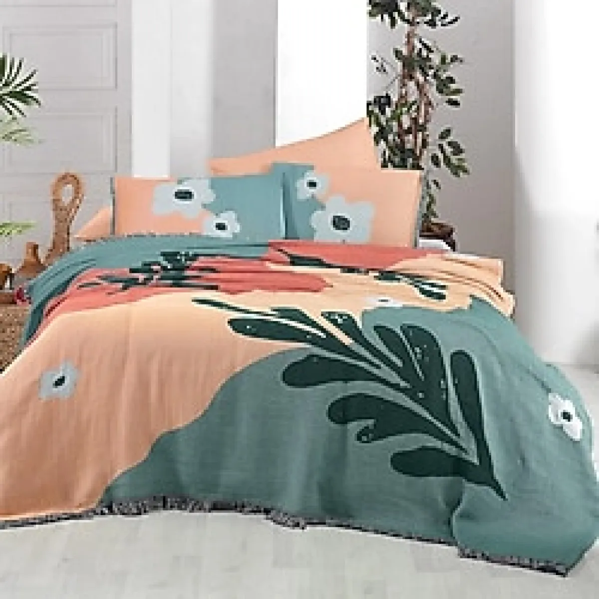 Sarev Marlon Somon Çift Kişilik%100 Pamuk İpliği Boyalı Pike Takımı