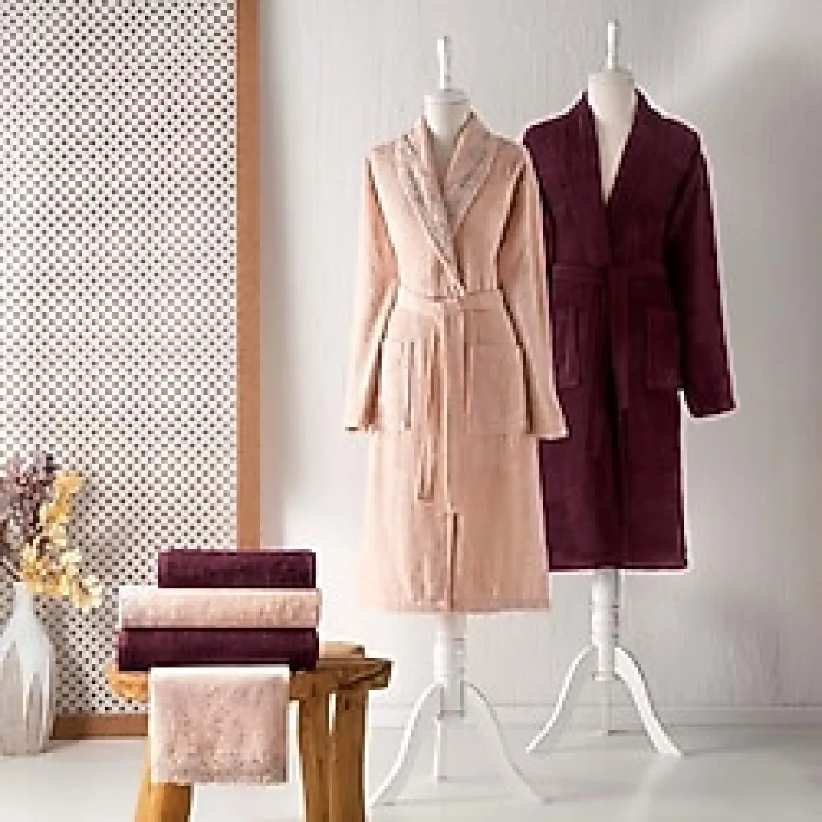 TAÇ Bambu Aile Seti Düz Pamuk-Polyester Aile Bornoz Seti, Somon, 6'lı