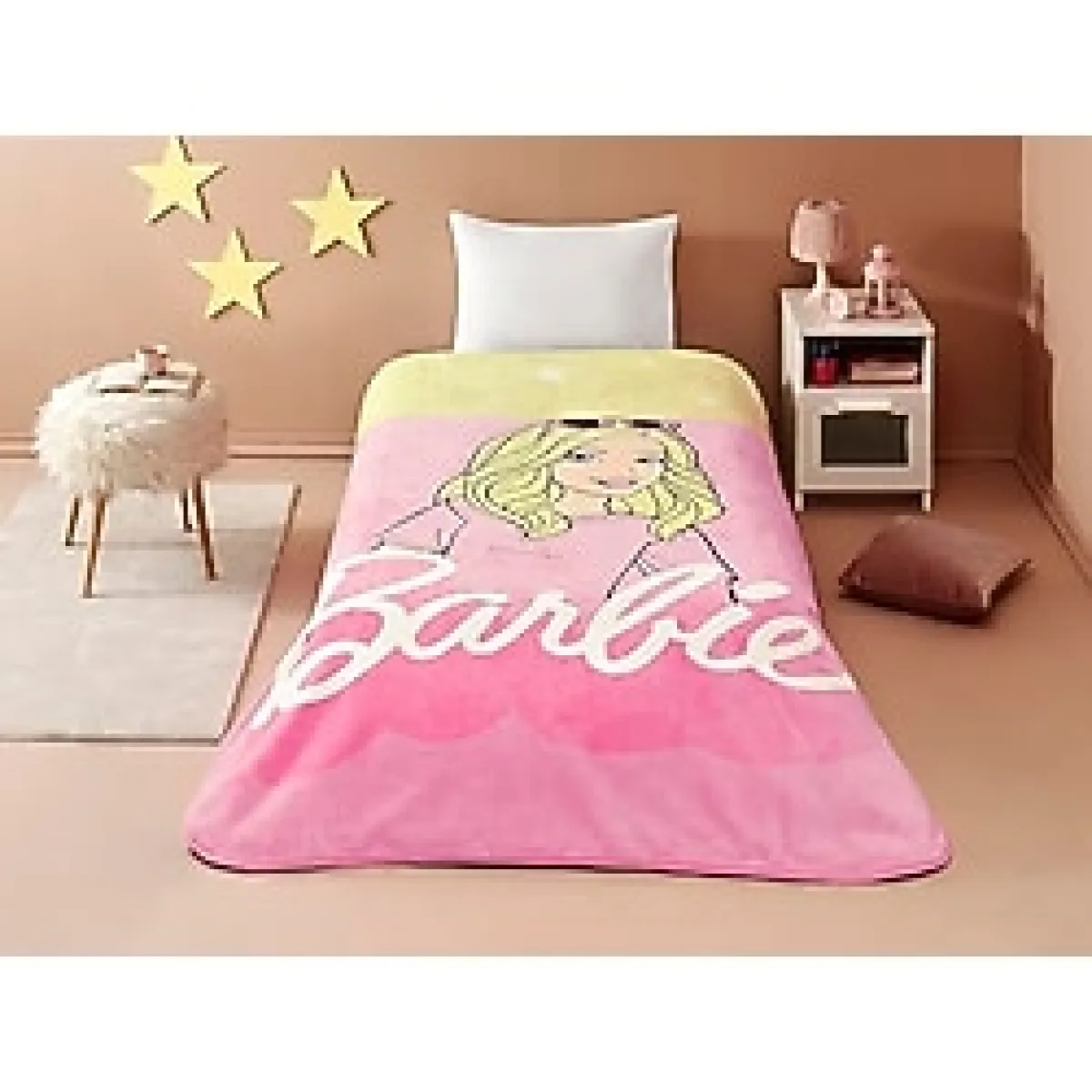 TAÇ Barbie Malibu Çizgi Film Karakteri Pamuk-Polyester Karışım Battaniye, Sarı, Pembe, Tek Kişilik