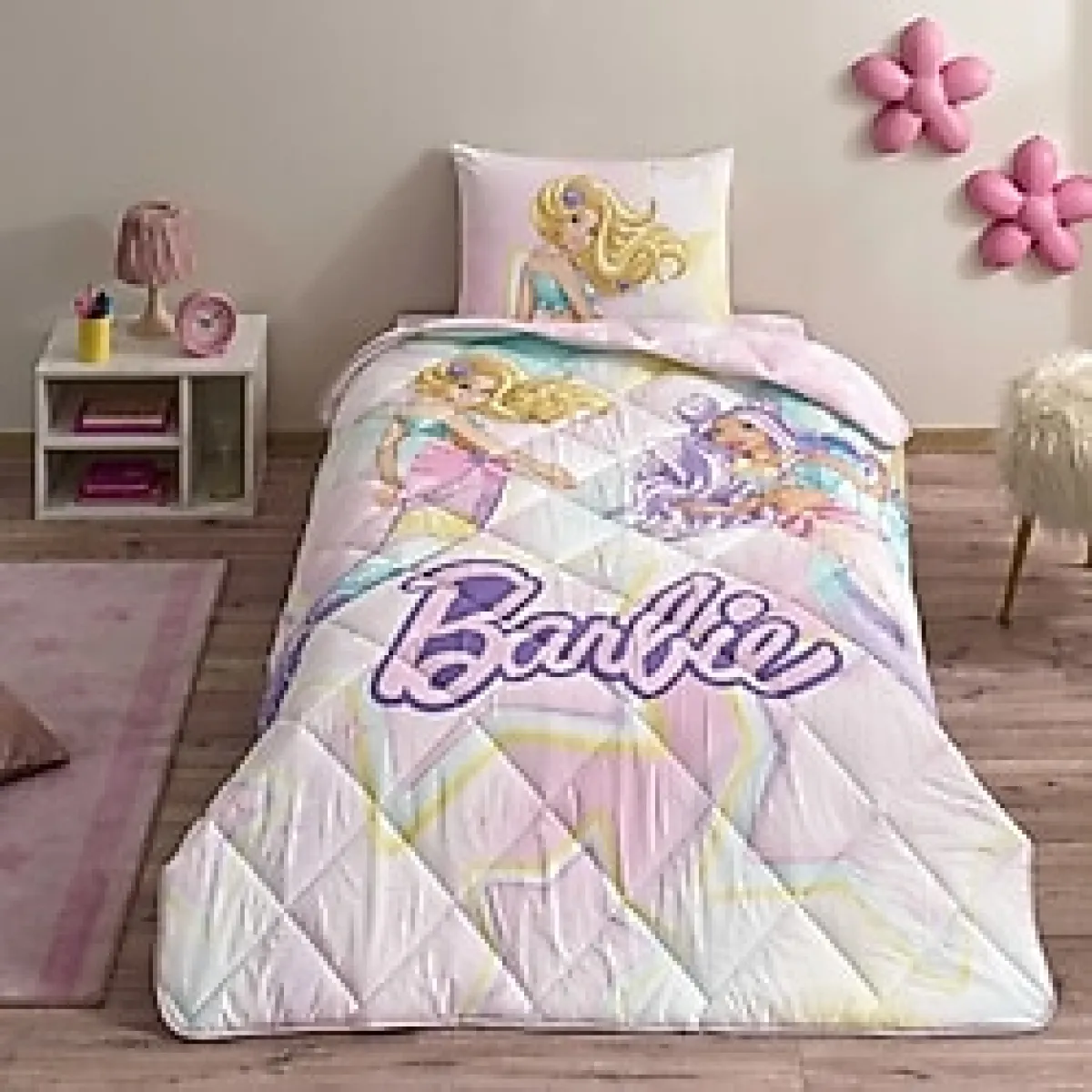 Taç Lisanslı Barbie Mermaid Tek Kişilik Pamuk Yorgan Seti - Renkli