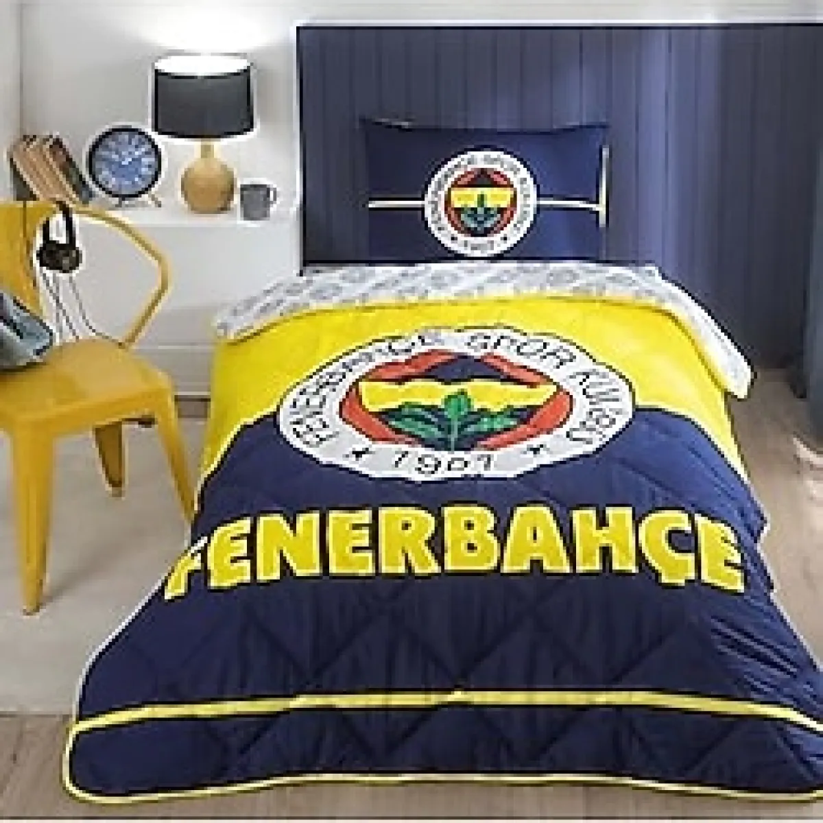 Taç Lisanslı Fenerbahçe Logo Düz Pamuk-Polyester Uyku Seti, Çok Renkli, Tek Kişilik