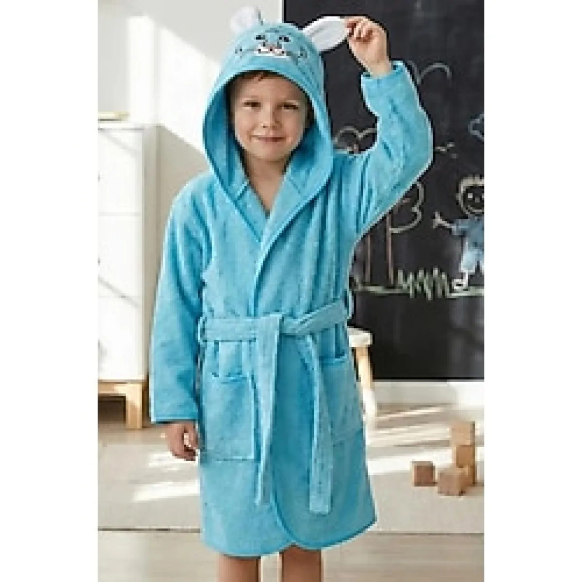 Tavşan Kulaklı Kız Erkek Çocuk Bornozu Lupi Mavi