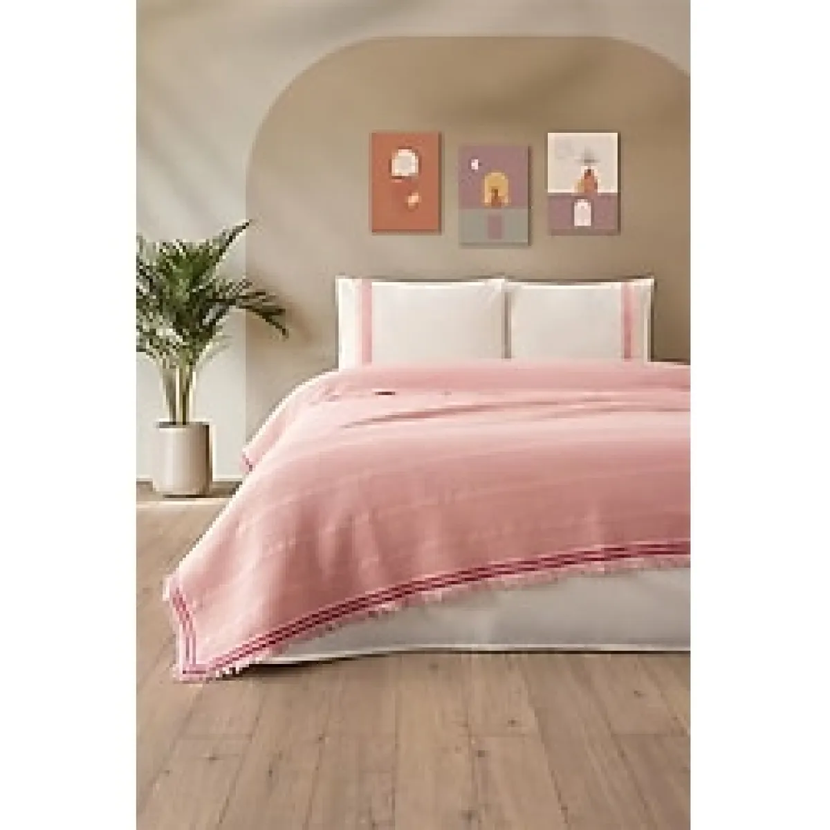 Tivoli Çift Kişilik Dantelli 4 Parça Pike Takımı Çeyizlik-Melanie-Pudra