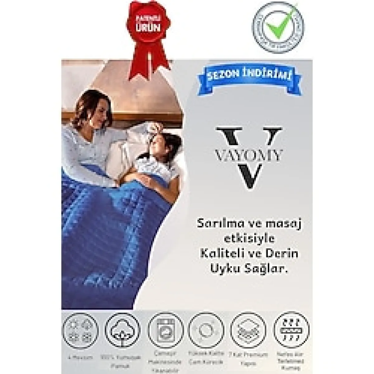Vayomy Ağırlıklı Battaniye Çift Kişilik Yorgan 10 Kg Mavi 200x220 %100 Yün Dolgulu 4 Mevsim Kullanılabilir