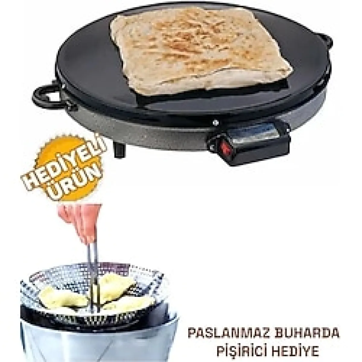 ViATOM Termostatlı Elektrikli Katmer Gözleme Sacı Büyük Boy Buharda Sebze Haşlama Hediyeli