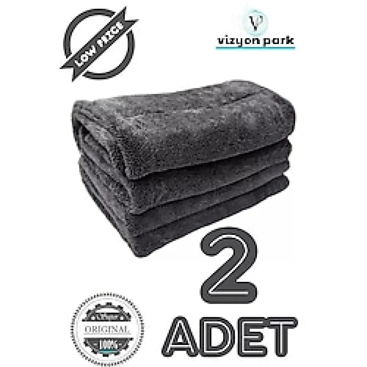 Vizyon Park 2 Adet Mikrofiber Kalın Süper Emici Çift Yüzlü Araç Kurulama Havlusu ve Cila Bezi 50 x 70 Cm- Gri