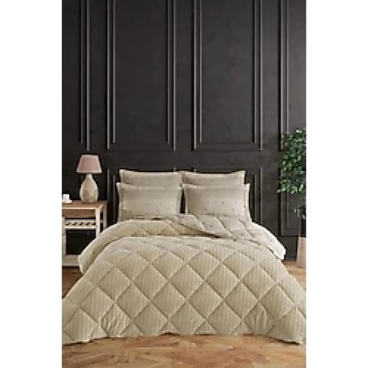 Wellsoft Jakarlı Uyku Seti 4 Parça Çift Kişilik Bej