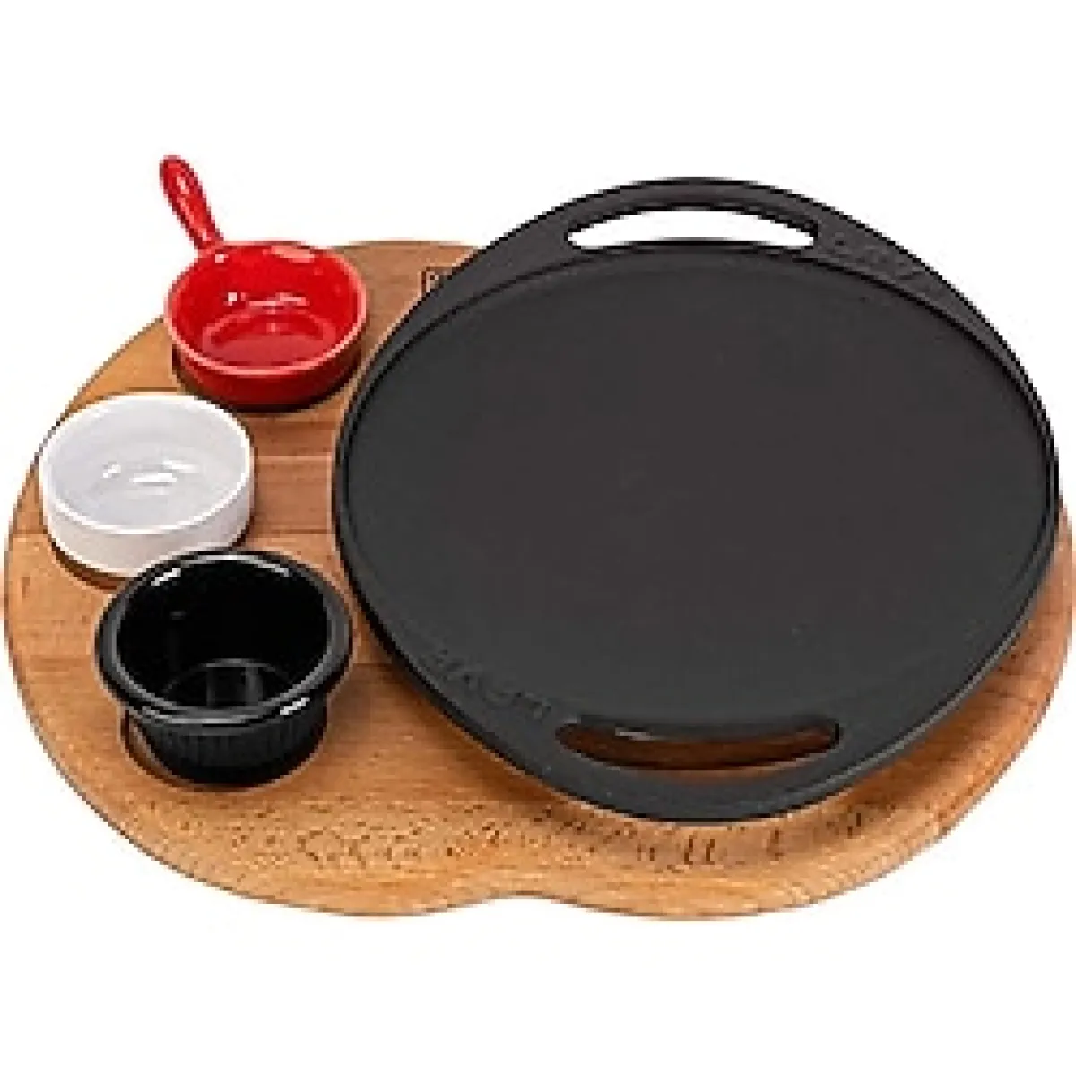 Yuvarlak Saç Kavurma Tavası Döküm Demir Yekpare Çift Kulplu Kayın Servis Ahşabı Çap(Ø)20cm. (Sos kapları dahil değildir)